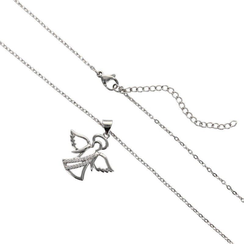 Collier avec chaine L.45 cm réglable jusqu'à 50cm avec ange strass H.2 cm en acier inoxydable argenté, livrée en pochette